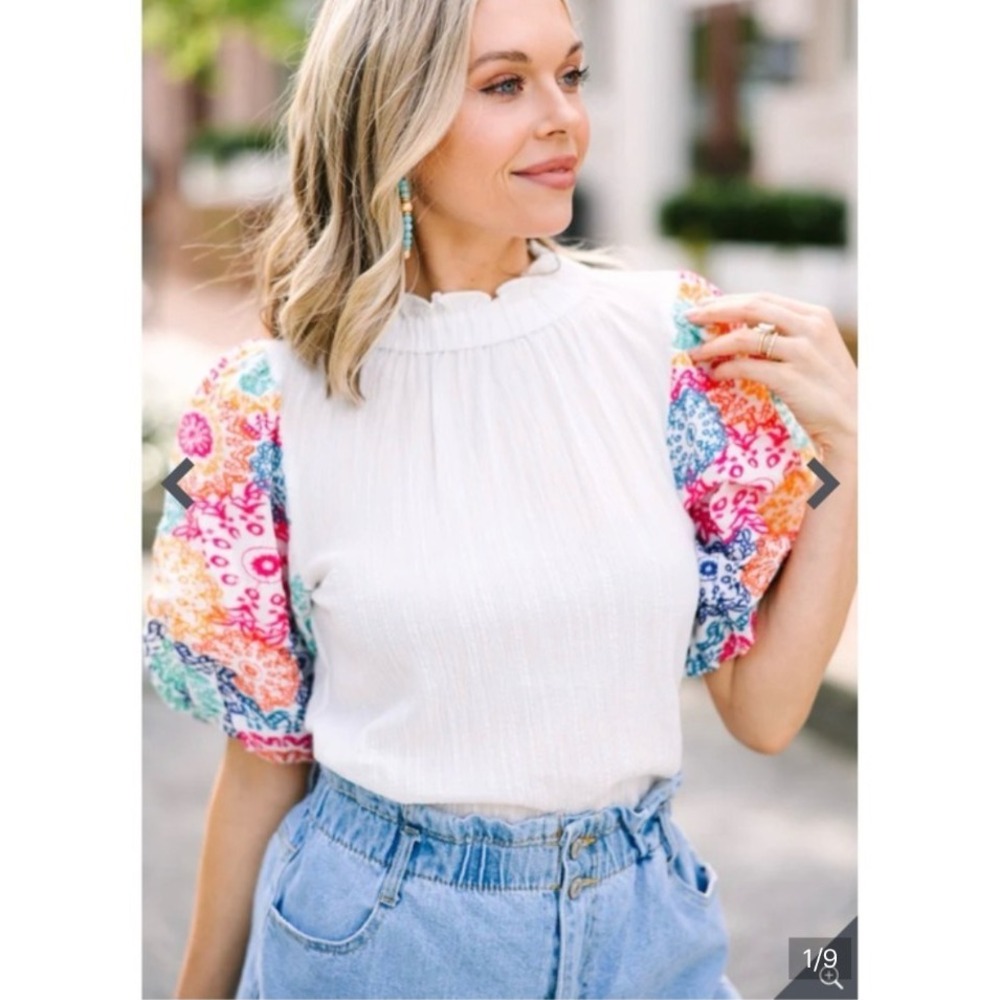 THML White Cotton Embroidered Bright Flowers Top Puffy Sleeves On Your Heart S